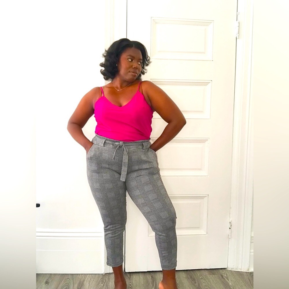 Grey Tie Belt Stretchy Plaid Capri Pants With Pockets Elastic WaistBand